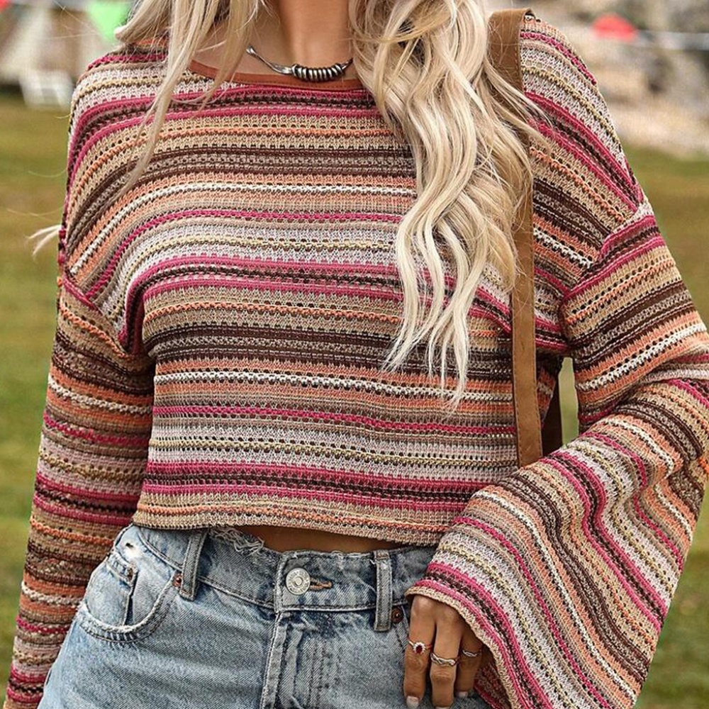 B159 Rose Red Ethnic Striped Wide Cropped Long Sleeve Top
